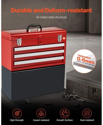 Metal Tool Box, 3-Drawer Portable Tool Chest, EVA Liners, Locking, Ball-Bearing Slides