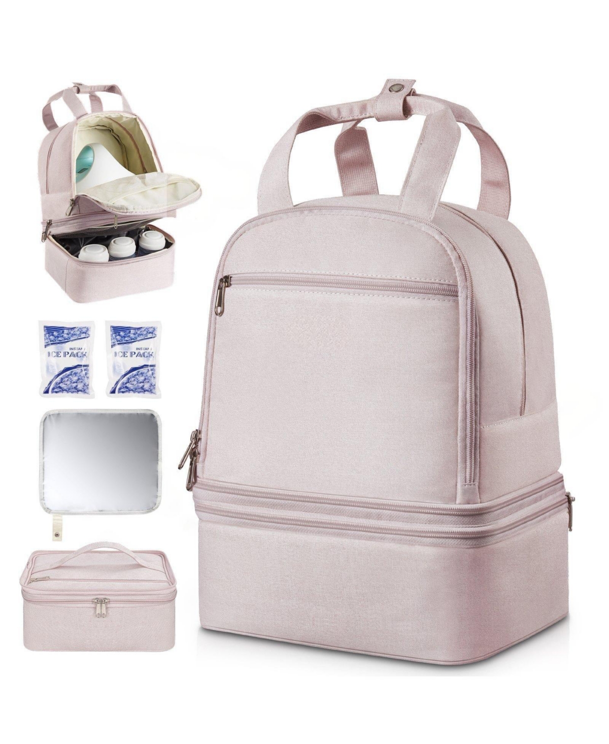 Mecale Breast Pump Backpack with Ice Pack, Fits S1/S2, Storage for Pump Accessories & Breastmilk, Portable Carrying Bag, Light Pink