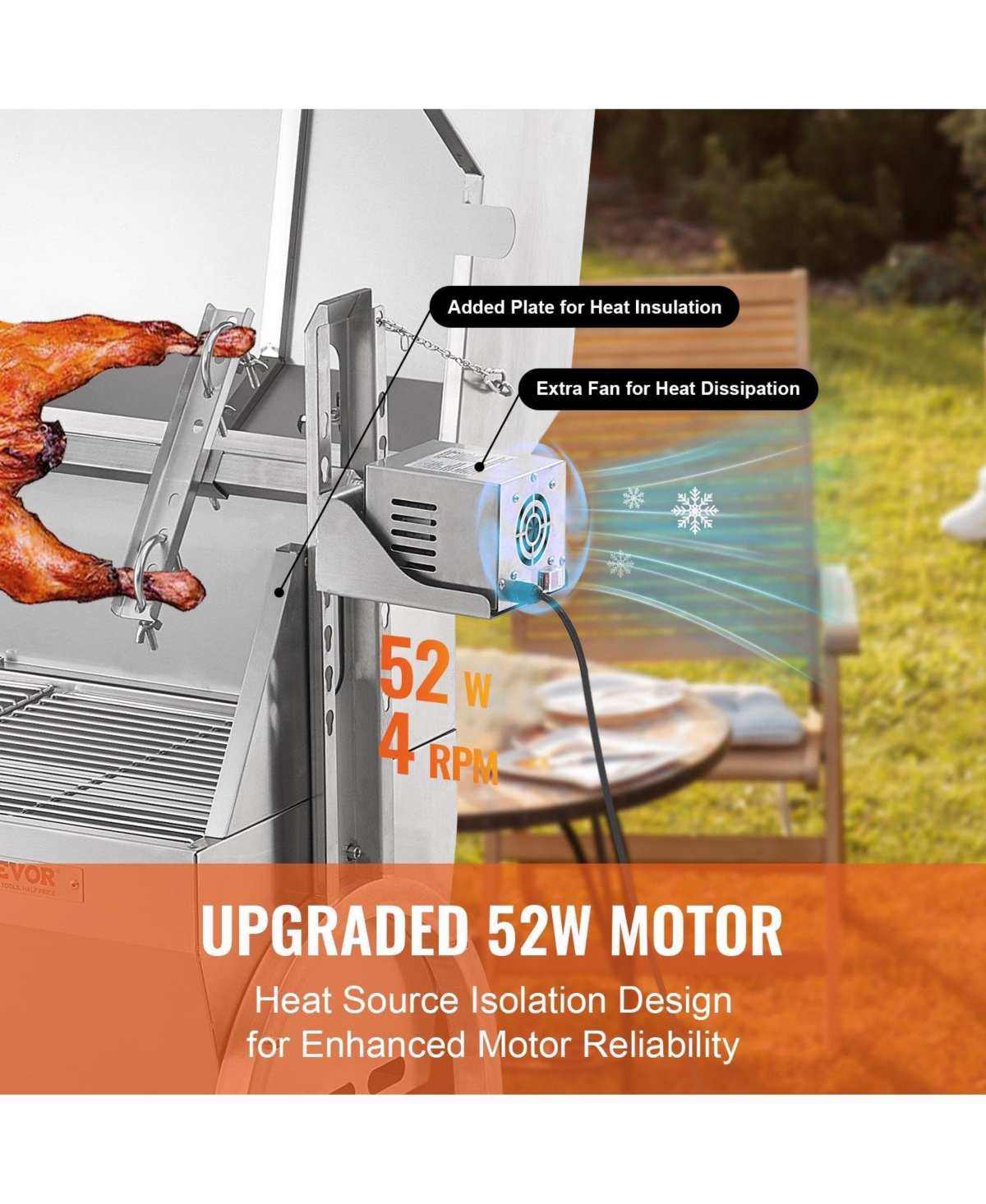 Ecooso 46" Rotisserie Charcoal Spit Grill with Hooded Cover, 132 lb Capacity, 52W Electric Motor, Stainless Steel Roaster, Lockable Wheels