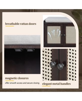 Rustic Wood Entryway Shoe Bench with Cushion and Adjustable Shelves