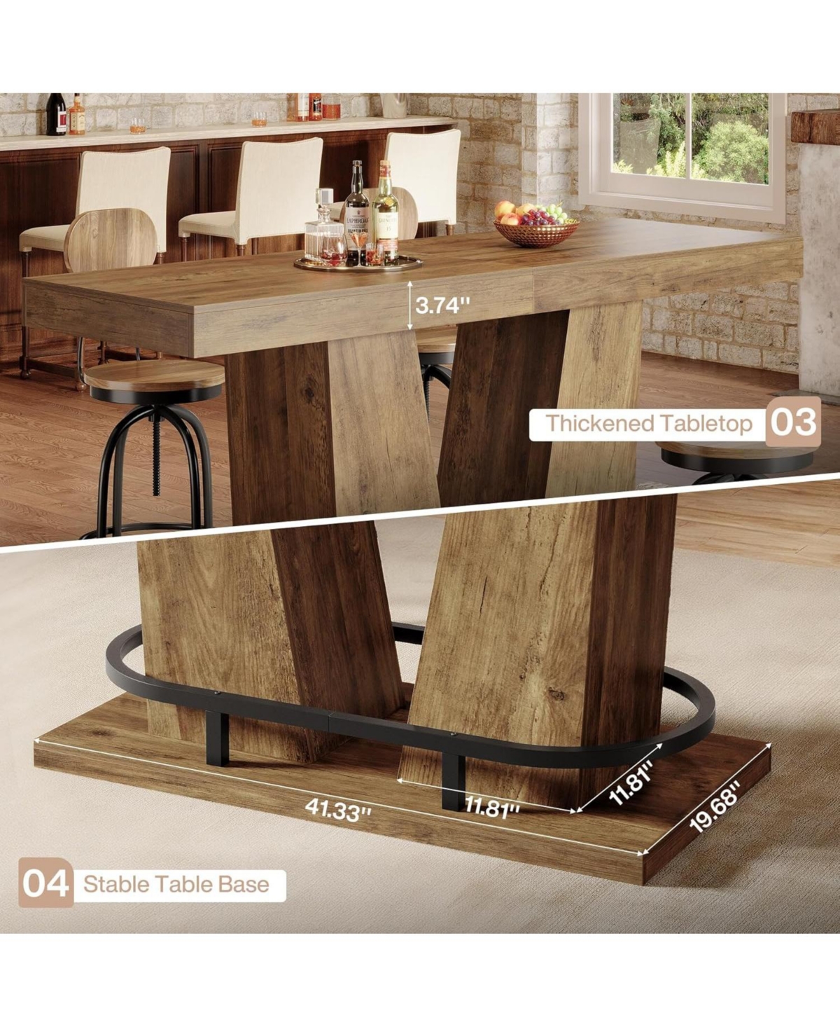 Tribesigns 62.99" Industrial Bar Table for 4-6, Rectangle Counter Height Pub Table with Metal Footrest, Home Bar Units