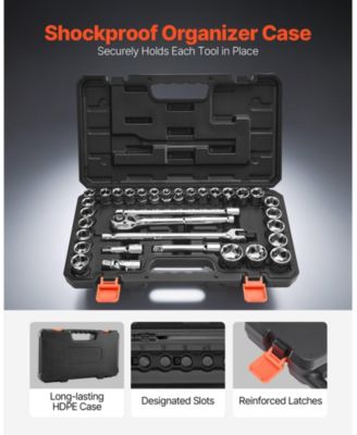 33-Piece 1/2" Drive Socket & Ratchet Set, SAE & Metric, Extension Bar, Storage Case, CR-V Alloy Steel