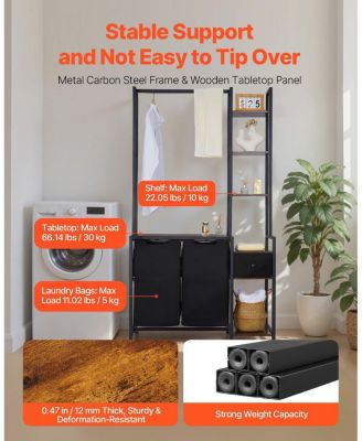 3-Tier Laundry Sorter with Rack, 2-Section Hamper with Shelves & Drawers, Ladder Shelves, 600D Oxford Bags, Metal Frame