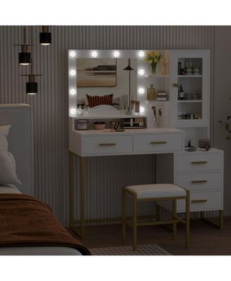 Makeup Vanity with Upholstered Stool & Charging Station, Vanity Desk with Mirror and Lights