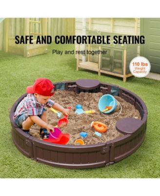 Round Sandbox w/ Cover, 47.2" x 9.1", HDPE w/ 3 Corner Seats & Bottom Liner, Ages 3-12