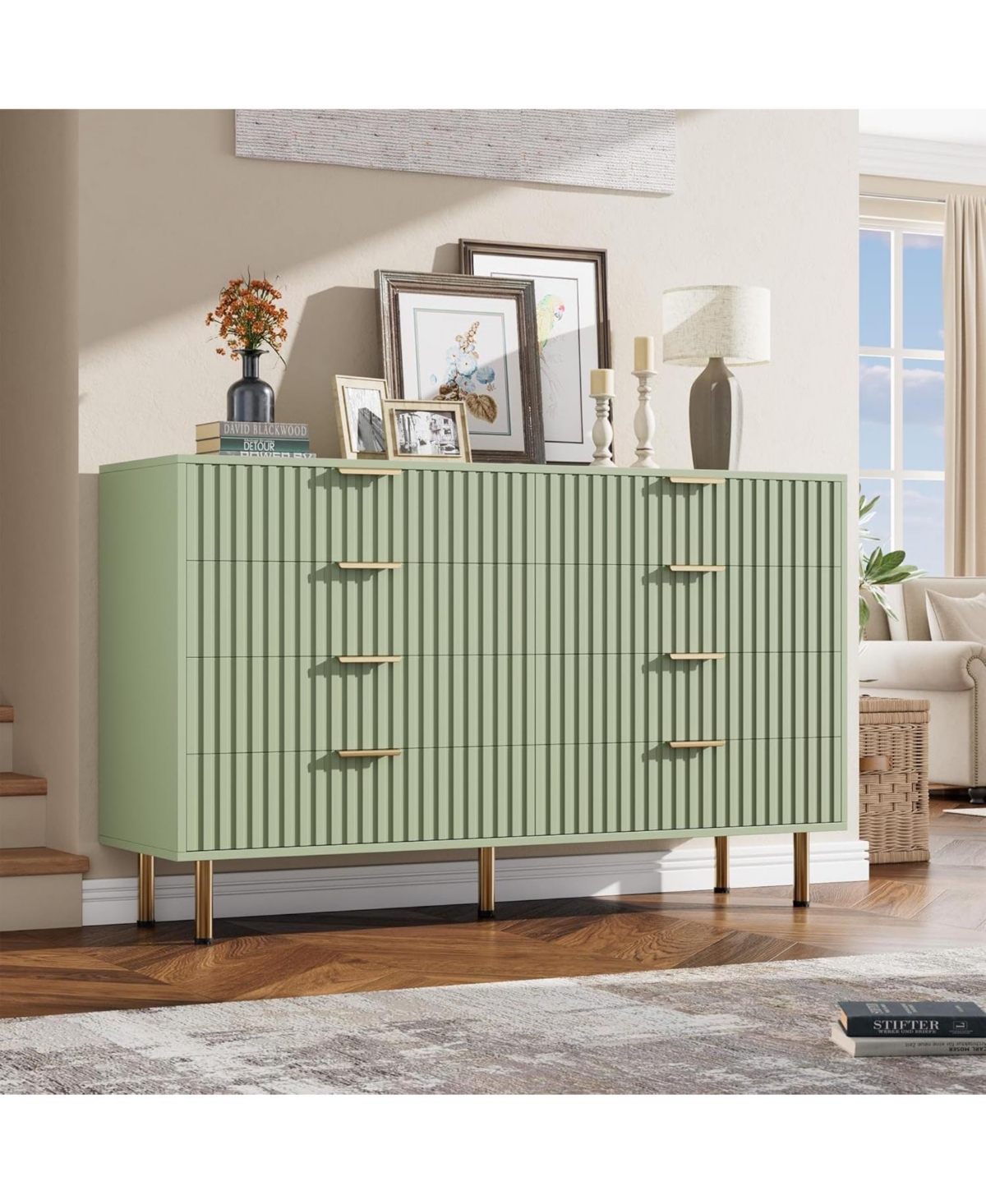 gaomon 8-Drawer Modern Fluted Green Dresser, 55 Inch Wide Chest, Deep Drawers, Large Organizer for Bedroom, Living Room, Kids Room