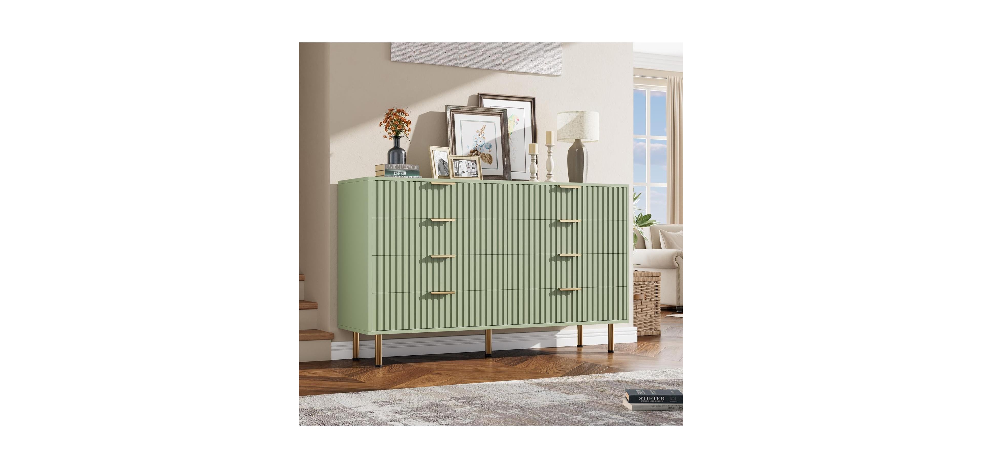 gaomon 8-Drawer Modern Fluted Green Dresser, 55 Inch Wide Chest, Deep Drawers, Large Organizer for Bedroom, Living Room, Kids Room