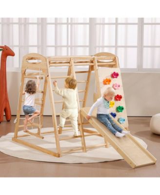 7-in-1 Indoor Jungle Gym, Wooden Climbing Playset w/ Ladders, Net, Swing, Monkey Bars, Slide & Wall