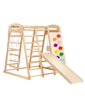 7-in-1 Indoor Jungle Gym, Wooden Climbing Playset w/ Ladders, Net, Swing, Monkey Bars, Slide & Wall