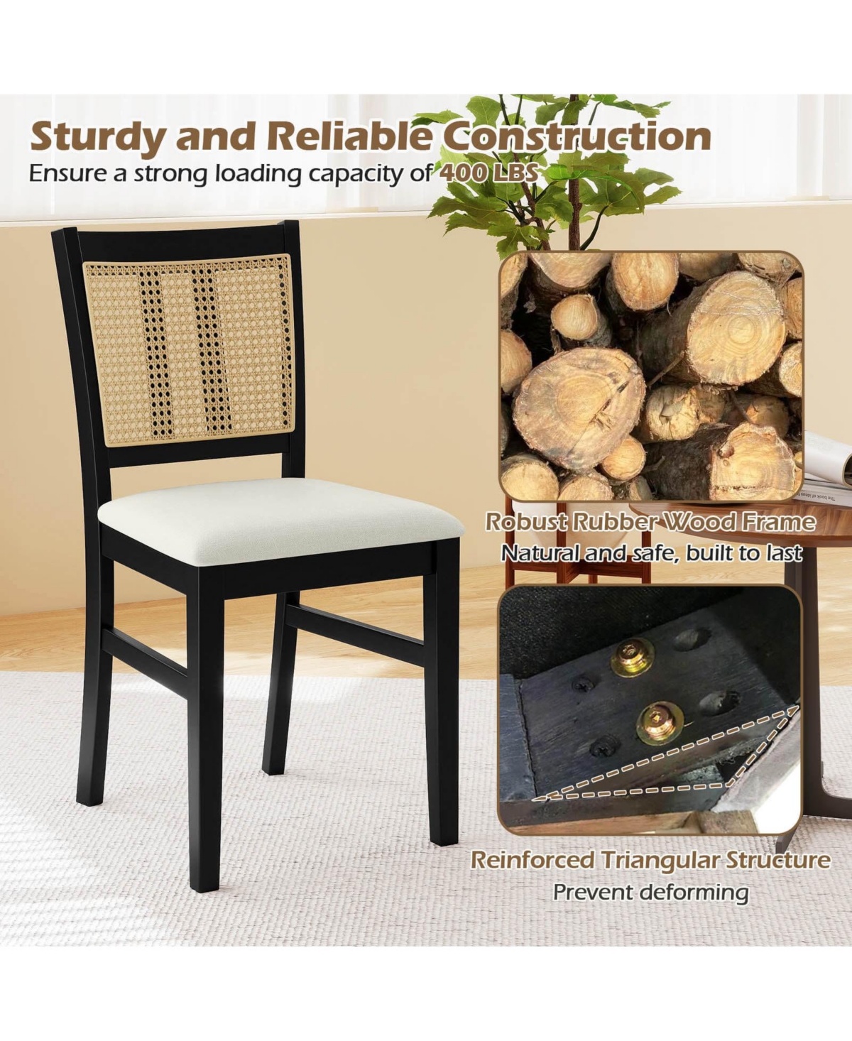 Costway Farmhouse Rattan Dining Chair Fabric Upholstered Kitchen Chairs