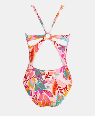 Women's Tropical Floral Print Plunge Cut-out One-Piece Swimsuit