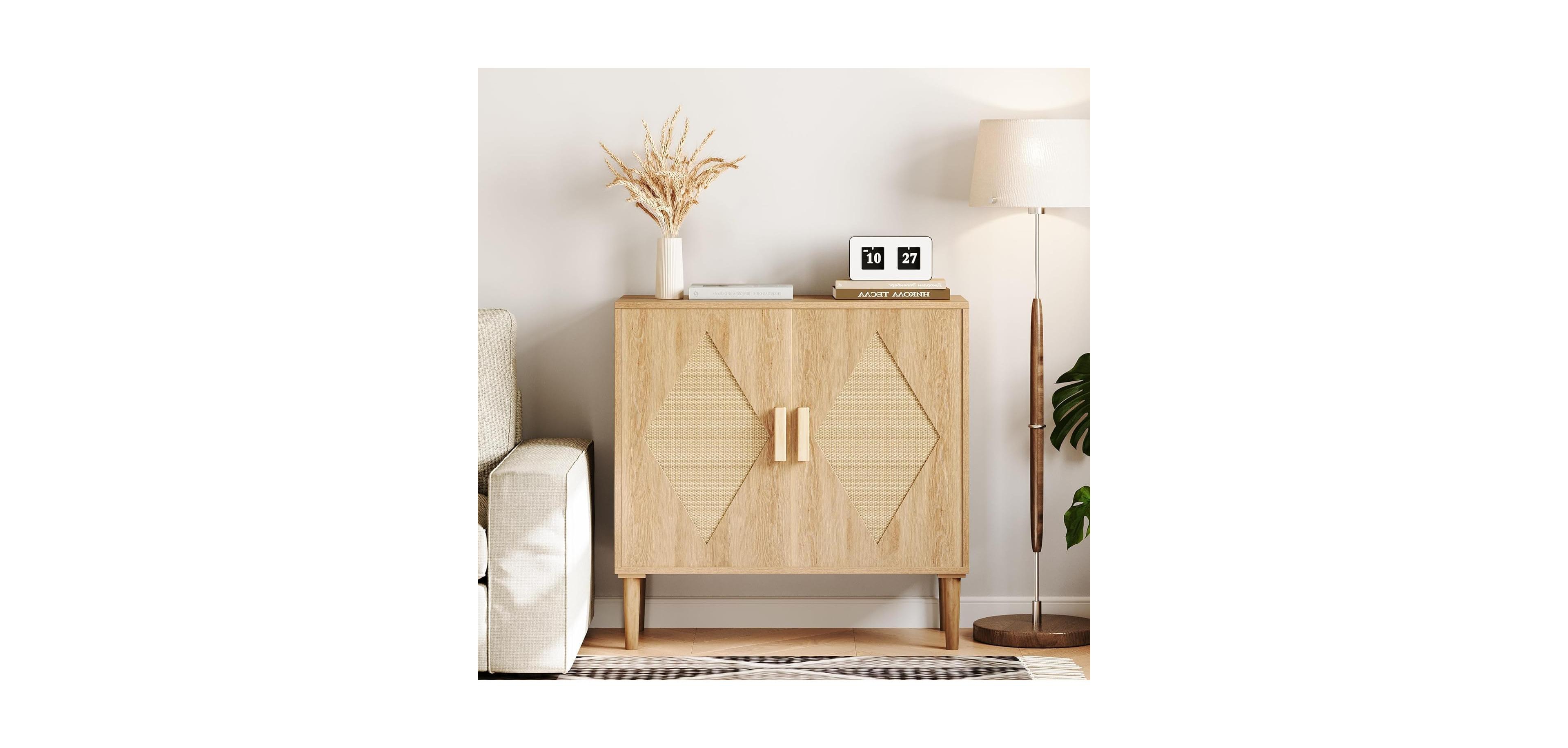 gaomon Buffet Cabinet with Storage, Sideboard with 2 Woven Rattan Doors, Adjustable Shelves & Sturdy Wood Feet