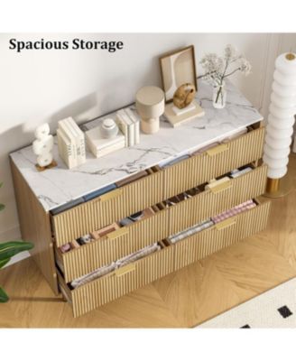 6-Drawer Modern Fluted Wood Dresser with Gold Handle, Large Storage Organizer for Bedroom, Living Room, Hallway