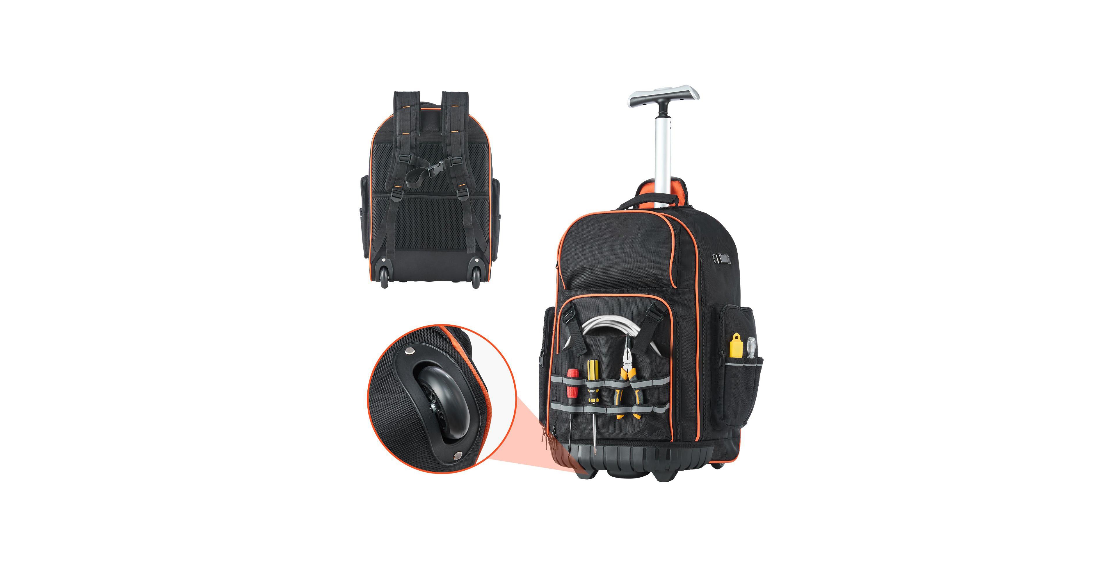 Mecale Rolling Tool Backpack on Wheels, 110 lb Capacity, 72 Pockets, Heavy-Duty Tool Organizer, Telescoping Handle, Stable Base