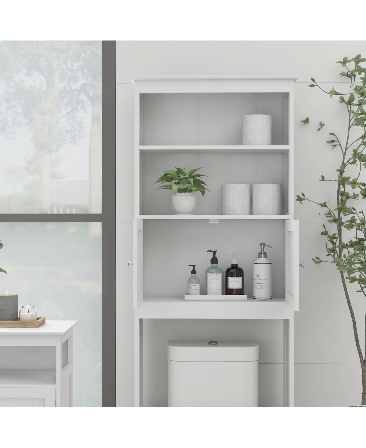 sumyeg 2-Tier Bathroom Spacesaver Storage Shelf with 2 Doors, Freestanding Wood Organizer Cabinet