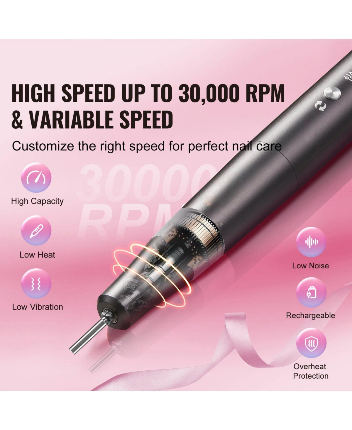 Mecale Cordless Nail Drill, 30,000RPM Variable Speed Rechargeable Nail E-File, Portable Manicure Tool with 50 Sanding Bands