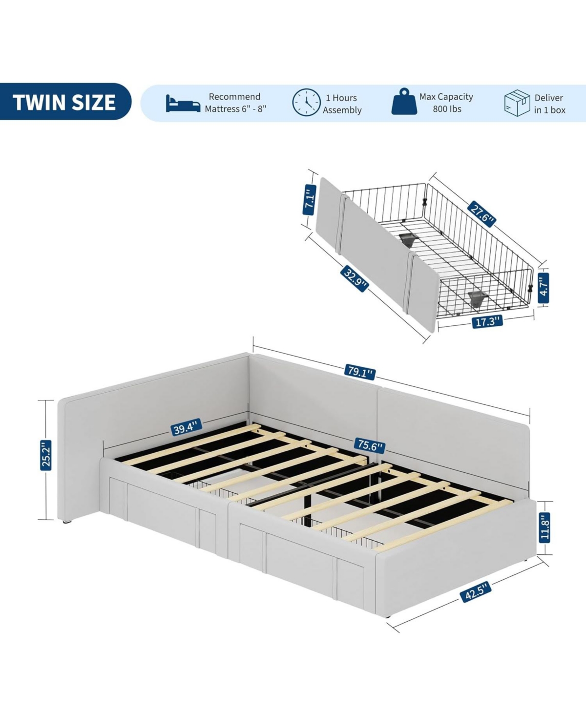 gaomon Twin Daybed with Storage Drawers, Velvet Upholstered Corner Bed Frame, Adjustable Headboard & Guardrails