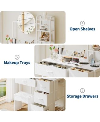 Vanity Desk with Mirror and Lights, Wood Dressing Table with 4 Fabric Drawers, Makeup Table with Hair Dryer Rack for Bedroom Dressing Room