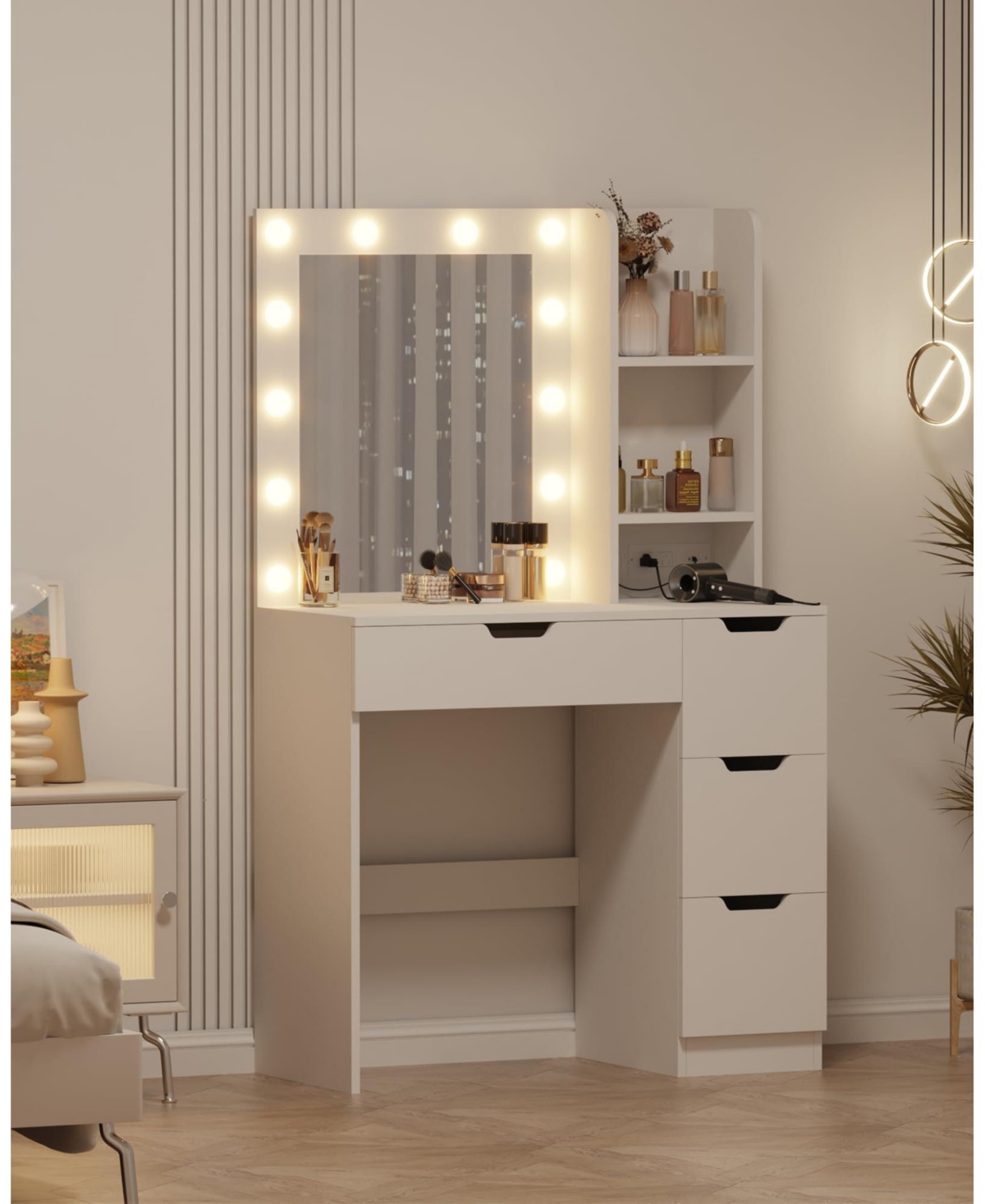 Modern Vanity Desk with Mirror, Power Outlet, 4 Drawer & Three Level Storage