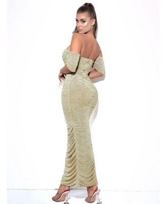 Women's Gene Gold Ruched Off Shoulder Chiffon Dress