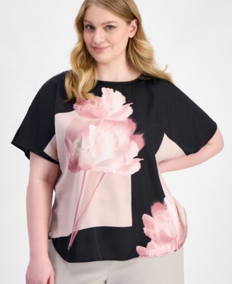 Plus Size Printed Satin Short-Sleeve Top