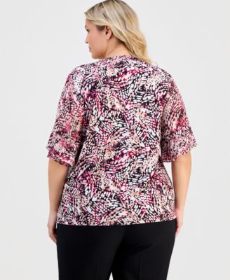 Plus Size Split-Neck Printed Flutter-Sleeve Top 