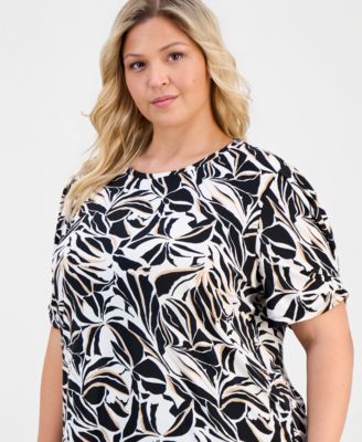 Plus Size Printed Pleated-Sleeve Top