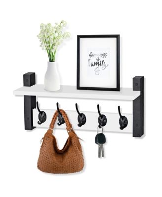 16 Inch Floating Wall Shelf with 5 Heavy Duty Hooks – for Entryway, Bathroom, Bedroom, Kitchen, or Mudroom