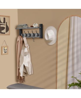 16 Inch Floating Wall Shelf with 5 Heavy Duty Hooks – for Entryway, Bathroom, Bedroom, Kitchen, or Mudroom