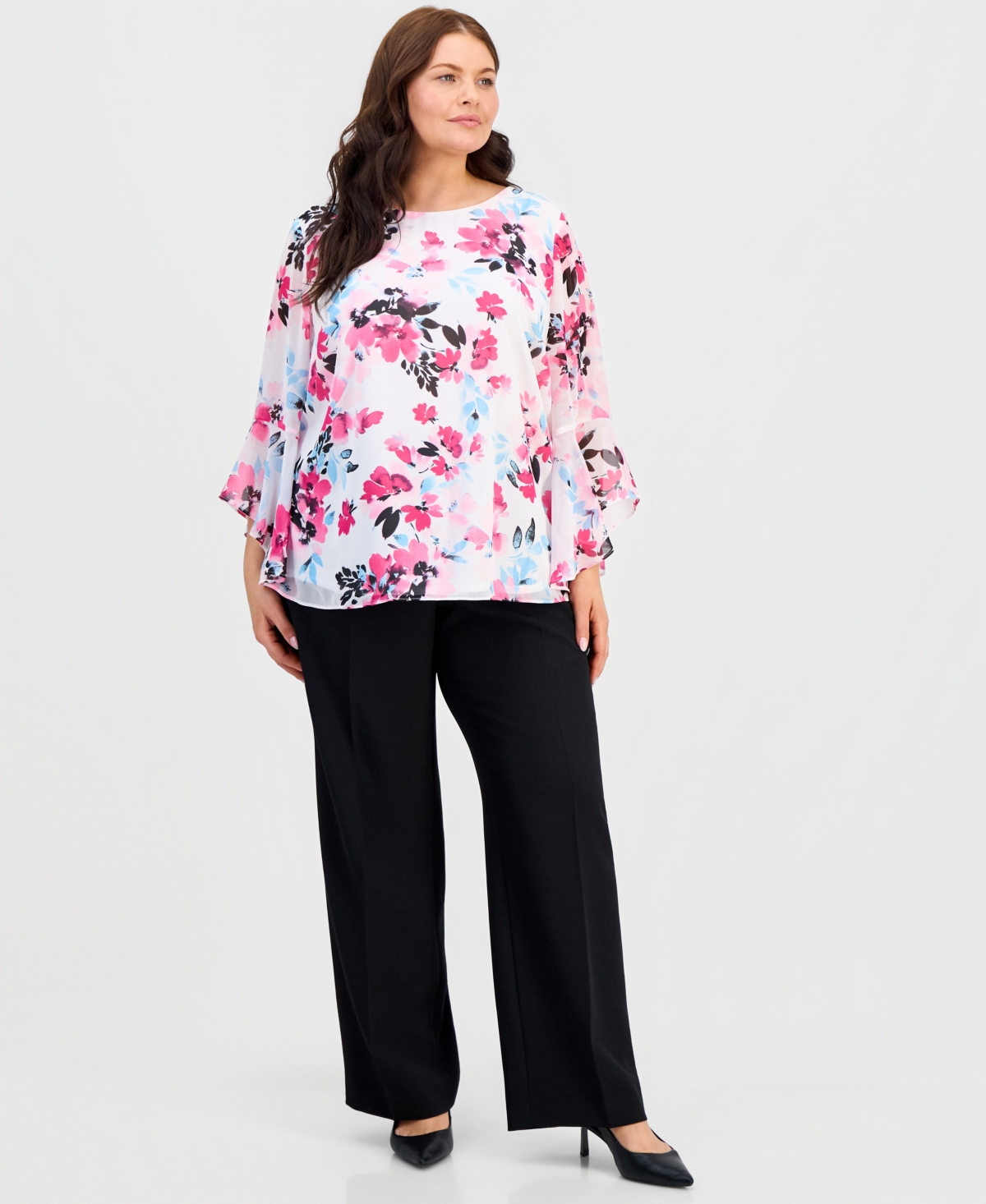 Kasper Plus Floral Ruffled-Sleeve Blouse