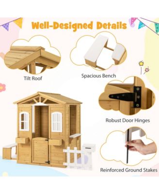 Wood Playhouse with Bench and Serving Stations for 2+ Years Old Kids