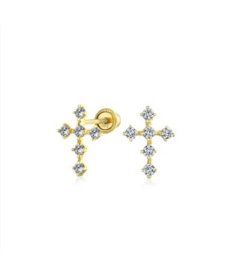 Tiny Minimalist Cubic Zirconia CZ 14K Gold Religious Cross Stud Earrings Screwback