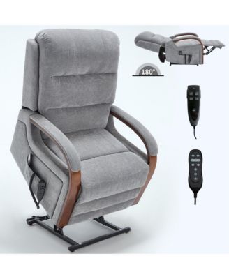 Power Chenille Lift Recliner Chair Dual Motor Infinite Position Up to 350 LBS with Solid Wood Armrests and Heat Massage