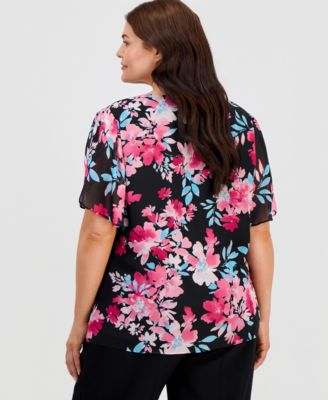 Plus Size Printed V-Neck Tulip-Sleeve Blouse