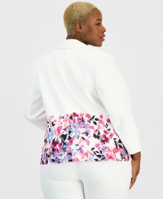 Plus Size Floral-Trim Two-Button 3/4-Sleeve Jacket