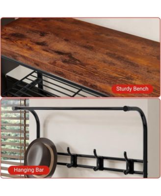 Entryway Hall Tree, 4-in-1 Freestanding Coat Rack with Shoe Storage Bench, 3-Tier Shelf, Hanging Rod, and 8 Adjustable Hooks for Entryway