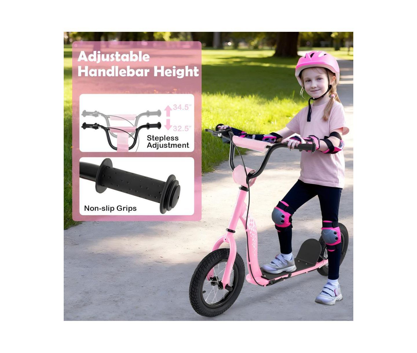 Детская игрушка HONGGE Adjustable Kick Scooter with Inflatable Tires and Rear Brake, 165 lbs Capacity, Ages 8+, цвет: Розовый — фото 7