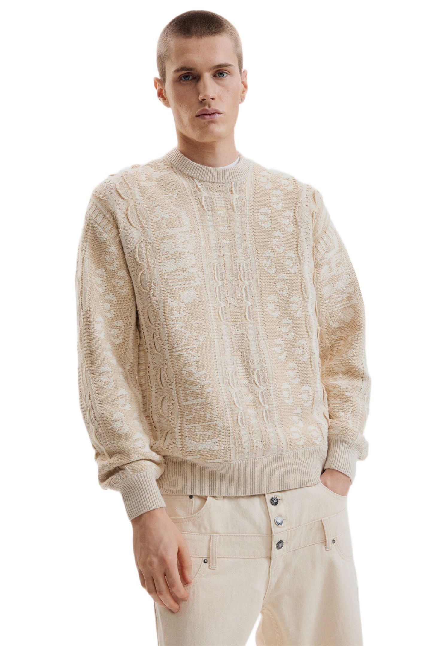 Мужской свитер Desigual Vintage Knit, цвет: Молочный белый — фото 1