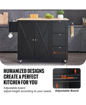 56" Kitchen Island Cart with Wood Top, Storage Cabinet, Drop Leaf, Drawer, Adjustable Shelf, Spice Rack, Towel Bar, Hooks