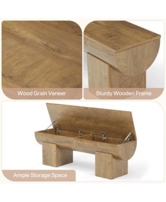 Storage Bench with Safety Hinges, 55 Inch Farmhouse Shoe Bench with Flip-Top, Natural