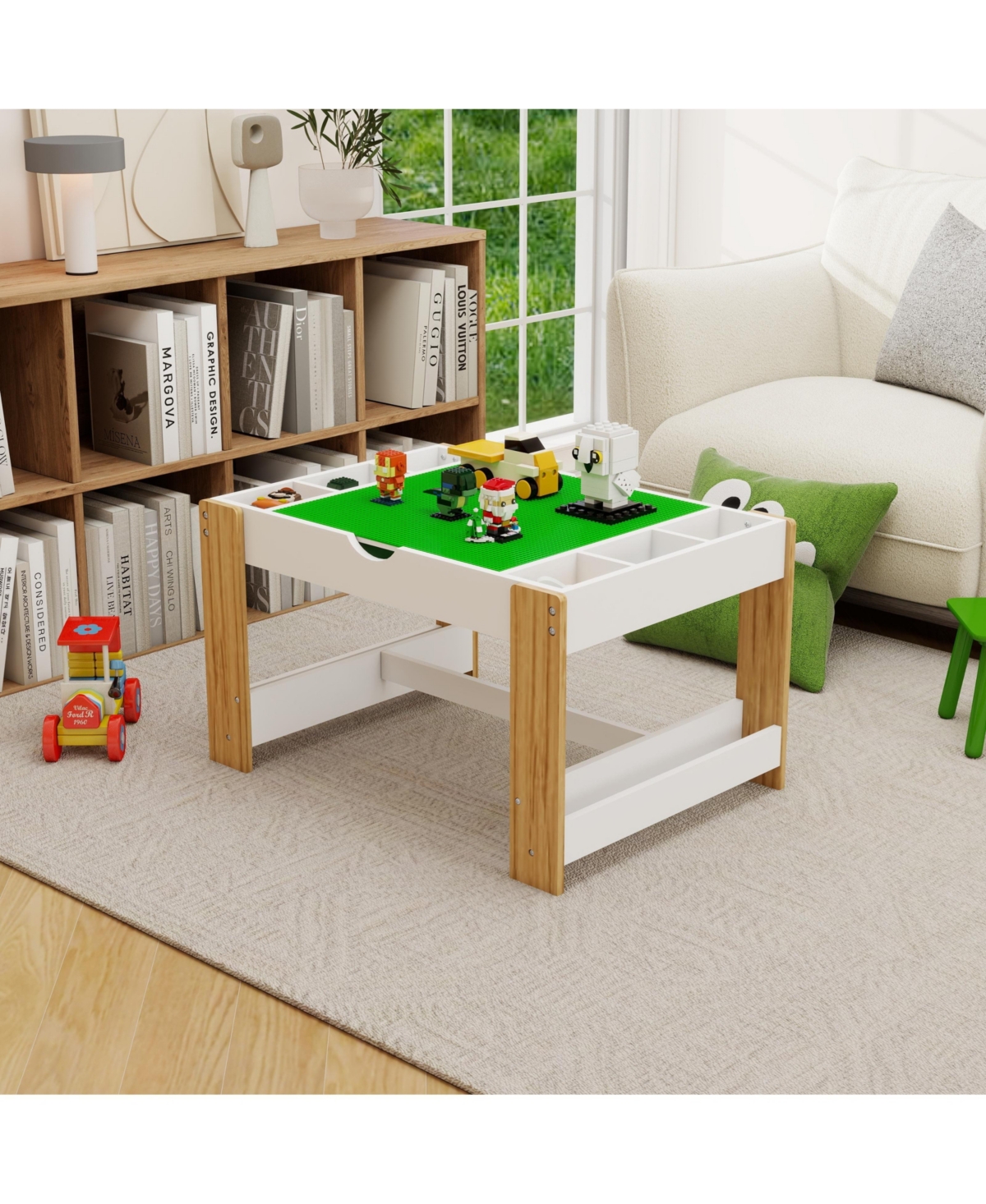 Flynama White Kids 2 in 1 Play Table with 7 Storage Compartments Lego Compatible Building Surface and Whiteboard Modern Activity Learning Furniture