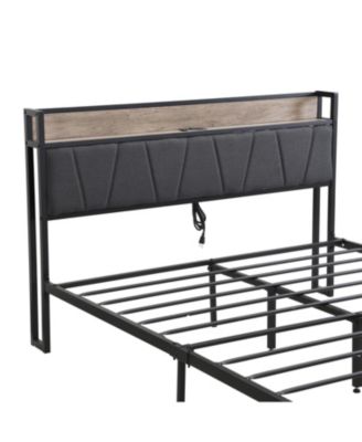 Queen Size Metal Platform Bed Frame with Storage and USB Headboard