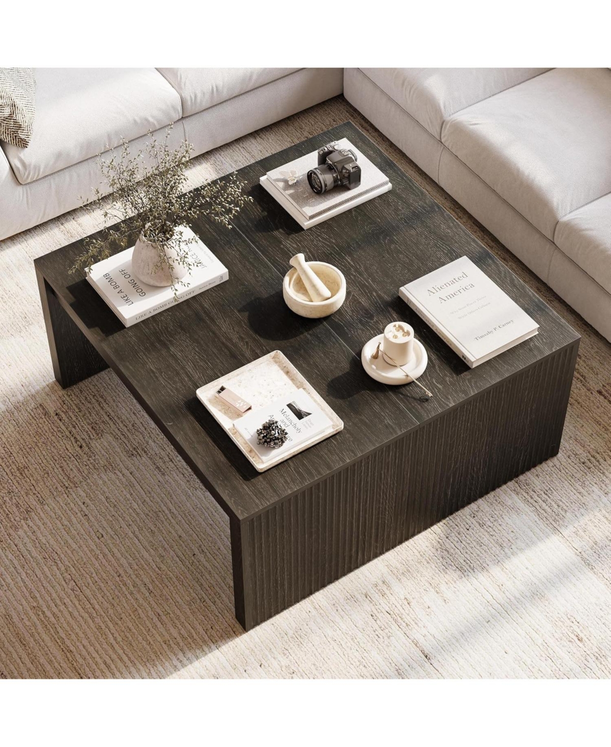 Tribesigns Square Coffee Table, 39.4-Inch Fluted Coffee Tables, Mid-Century Modern Center Cocktail Table, Black