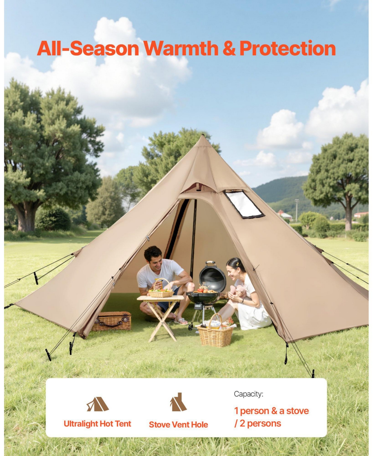 Mecale Hot Tent for 2 Persons, Waterproof Canvas Winter Tipi Tent with Stove Jack, Lightweight 4-Season Shelter, S Size