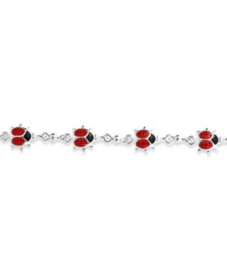 Good Luck Multi Charms Enamel Red Ladybugs Strand Bracelet .925 Sterling Silver