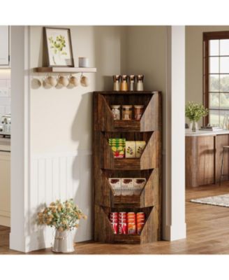 4-Tier Fruit and Vegetable Storage Rack, 55.12" H Freestanding Open Storage Basket Stand, Wood Corner Vegetable Fruit Shelves