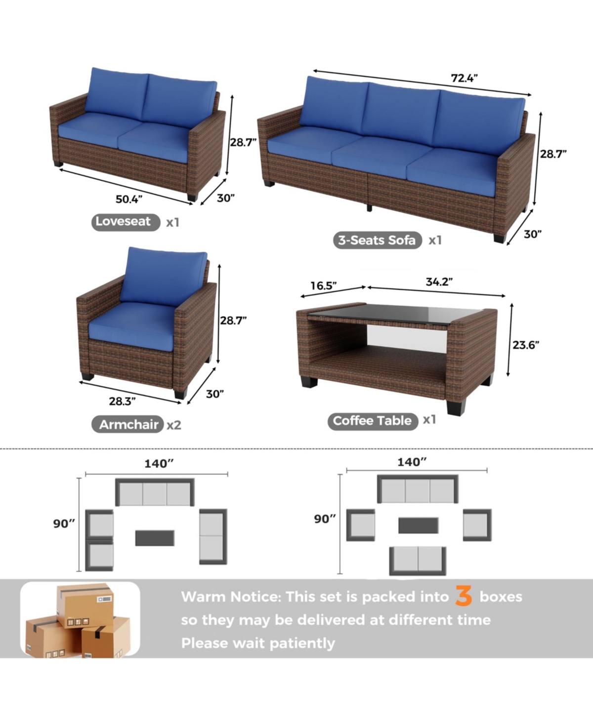 Patio Furniture Set 5 Pieces, Rattan Wicker Sectional Patio Seating Sofas with Cushions and Glass Coffee Table