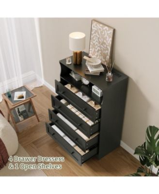 4 Drawer Wood Dressers for Bedroom with LED Lights and Charging Station, Modern Nightstand for Bedside, Wooden Chest of Drawers