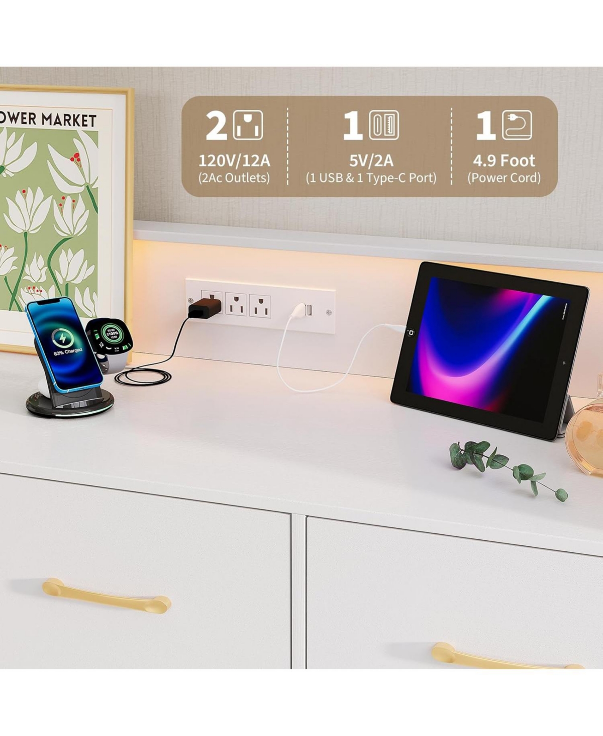 gaomon 5 Drawer Dresser for Bedroom, 47 Modern Wooden with Led Lights & Charging Station