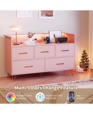 5 Drawer Dresser for Bedroom, 47 in Modern Wooden Dresser with LED Lights & Charging Station